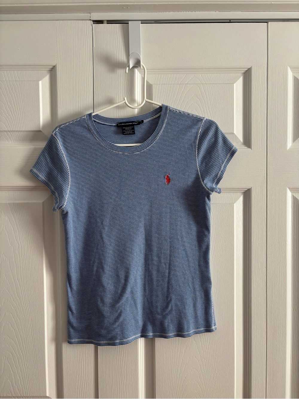Ralph Lauren Thin Blue & White Striped Crewneck Tee with Red Polo Pony